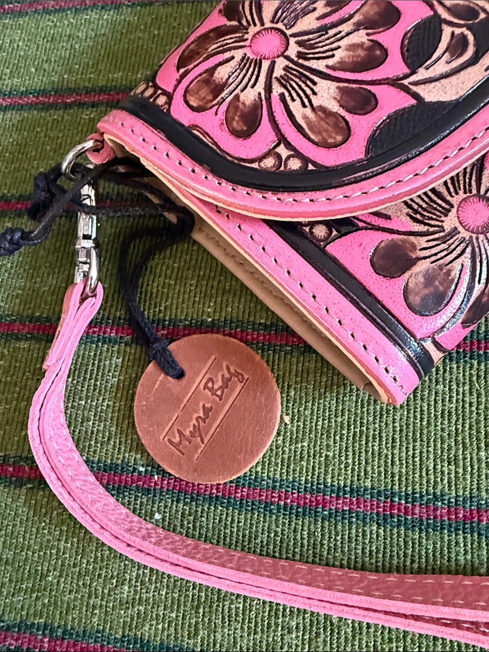 Pink Floral Tooled Wristlet Wallet - Handcrafted Leather Myra Bag - Picture 2 of 6